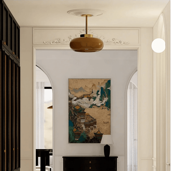 Domelight™ | 11" Vintage Semi Flush Deckenleuchte mit orangefarbenem Kuppelglasschirm